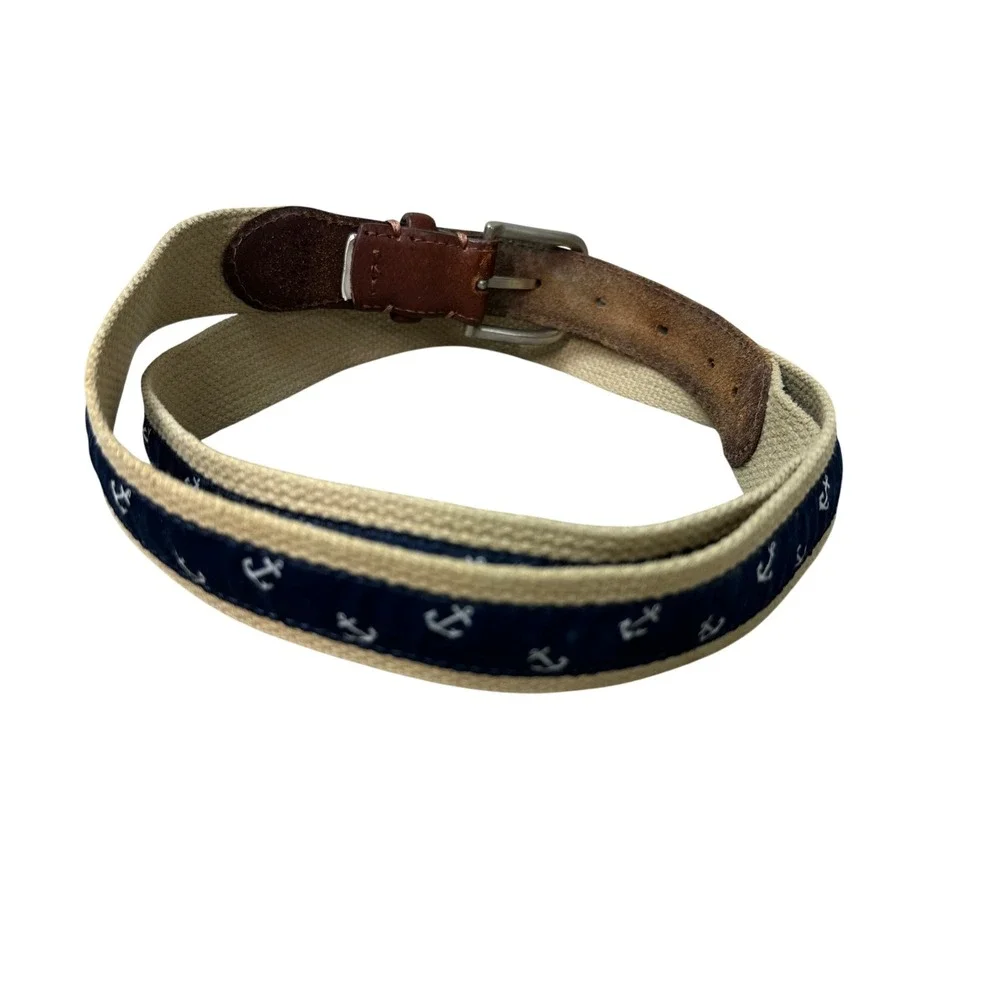 Dockers Mens Nautical Anchor Fabric Leather Trim Belt Navy Tan Brown Size 44